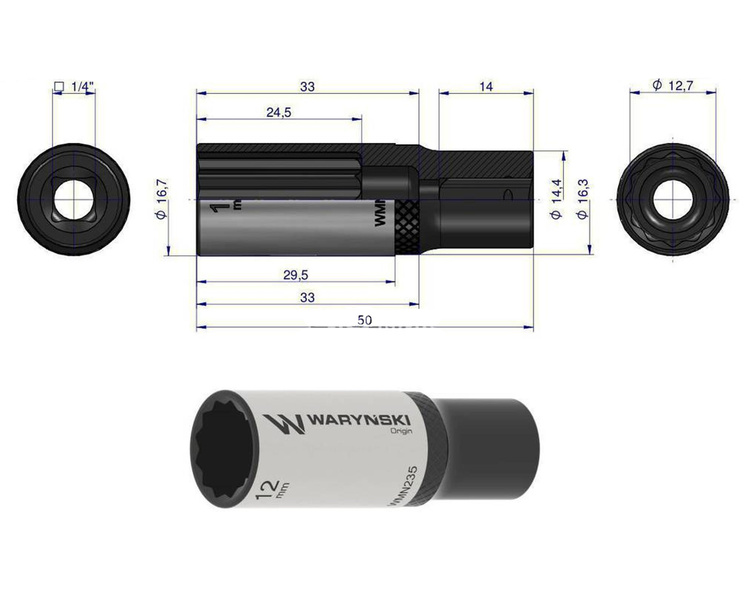 Nasadka dwunastokątna 1/4" 12 mm długa Waryński