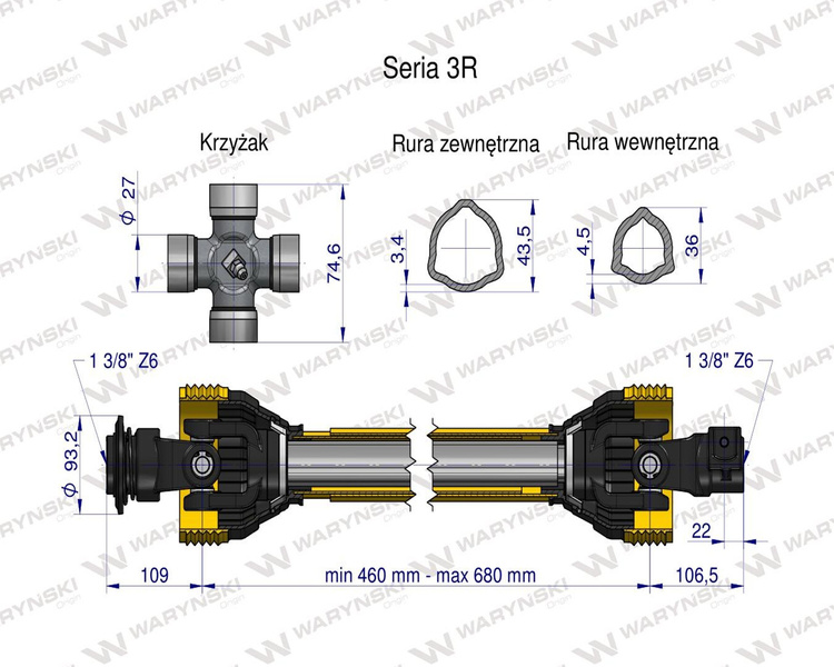 Wał przegubowo-teleskopowy 460-680mm 460Nm 50200 CE seria 3R WARYŃSKI