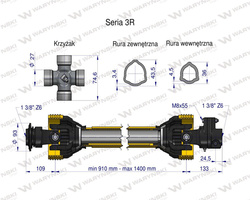 Wał przegubowo-teleskopowy 910-1400mm 460Nm sprzęgło z kołkiem 1300Nm CE seria 3R WARYŃSKI