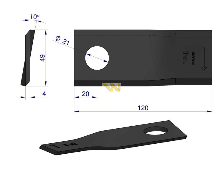 Nóż. nożyk kosiarka prawy 120x49x4mm otwór 21 434976 Pottinger WARYŃSKI
