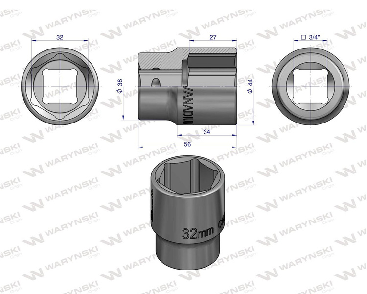 Nasadka sześciokątna 3/4" 32 mm Waryński