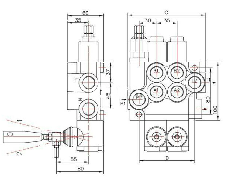 Rozdzielacz hydrauliczny dwusekcyjny z zatrzaskami 40L