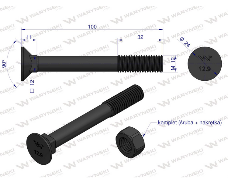 Śruba kpl. płużna podsadzana D 608 M12x100 mm kl.12.9 Waryński