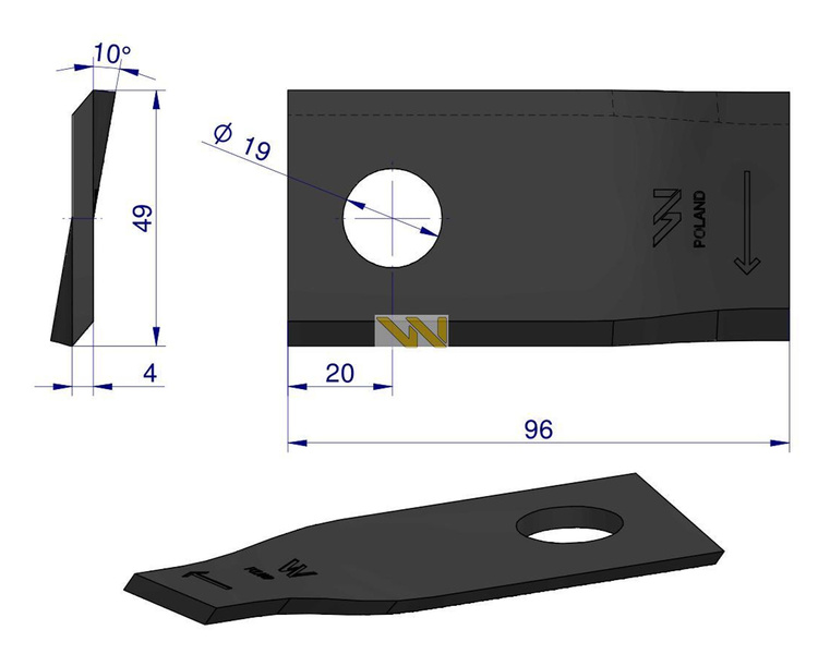 Nóż. nożyk kosiarka prawy 96x48x4mm otwór 19 16503464 Deutz-Fahr WARYŃSKI