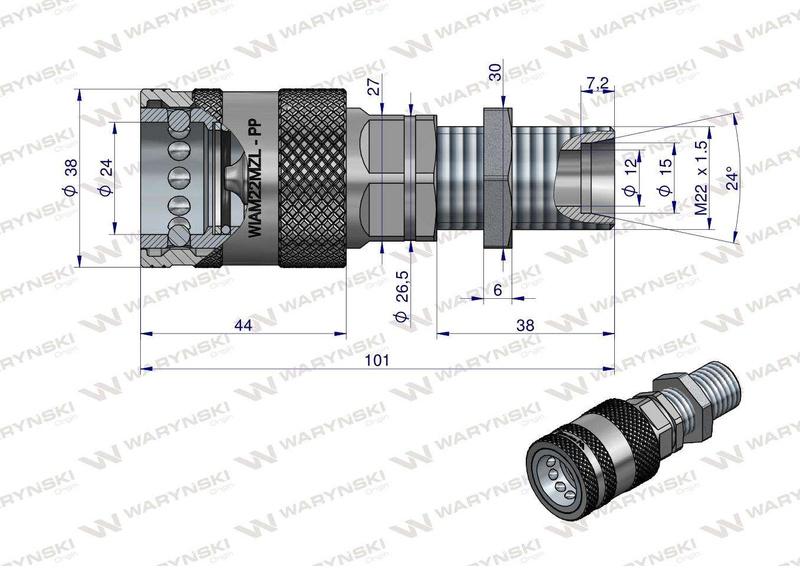 Szybkozłącze hydrauliczne gniazdo long M22x1.5 gwint zewnętrzny EURO PUSH-PULL Waryński