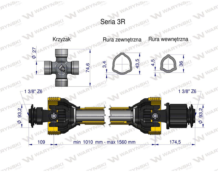 Wał przegubowo-teleskopowy 1010-1560mm 460Nm sprzęgło zapadkowe CE seria 3R WARYŃSKI