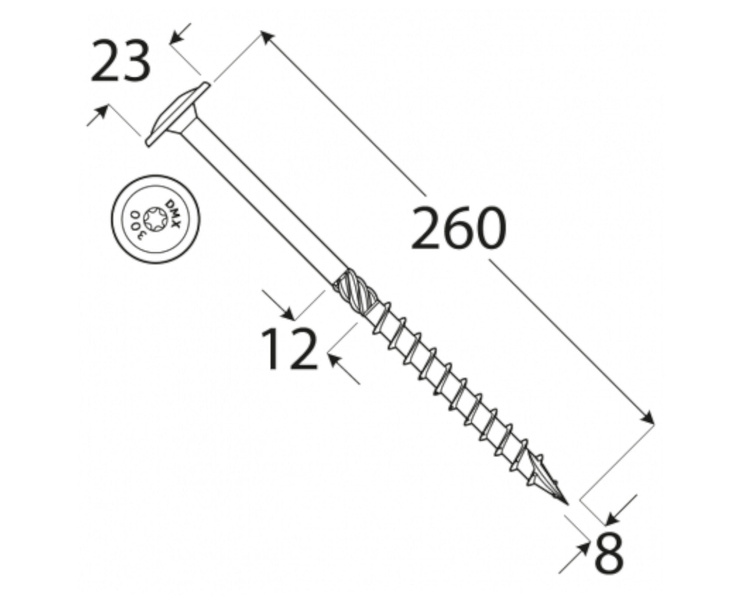 Wkręt ciesielski z łbem talerzowym 8x260 Domax DMX