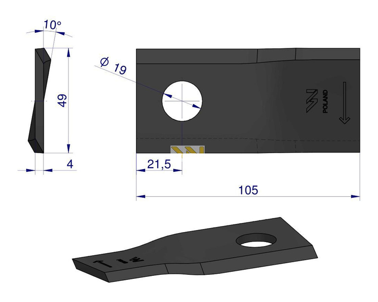 Nóż. nożyk kosiarka prawy 105x48x4mm otwór 19 9492422 Claas WARYŃSKI