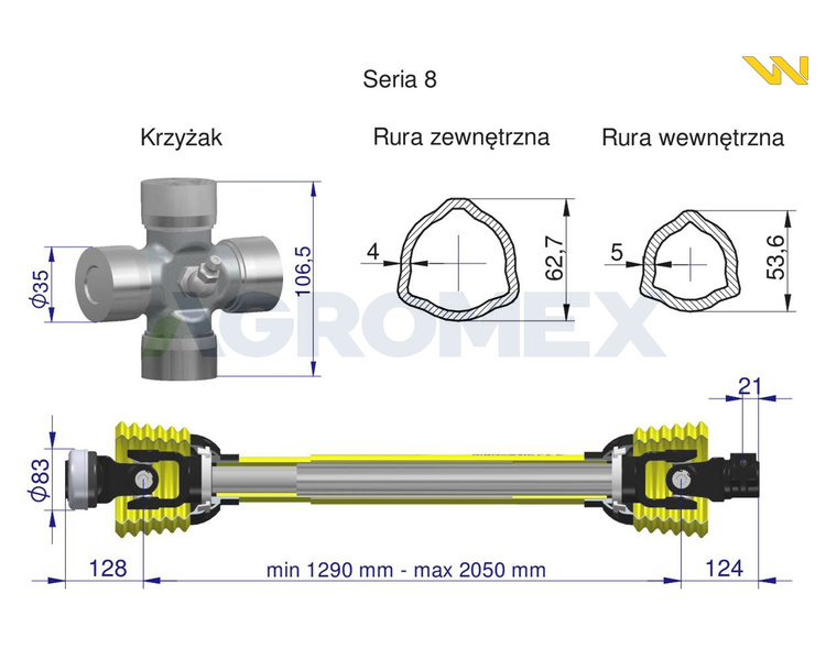 Wał przegubowo teleskopowy 1290-2050mm 1250Nm CE seria 8 Waryński