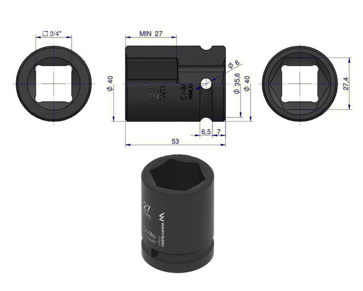 Nasadka udarowa sześciokątna 3/4" 27 mm Waryński