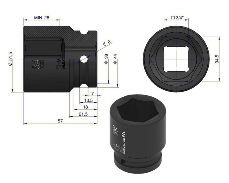 Nasadka udarowa sześciokątna 3/4. 34 mm Waryński