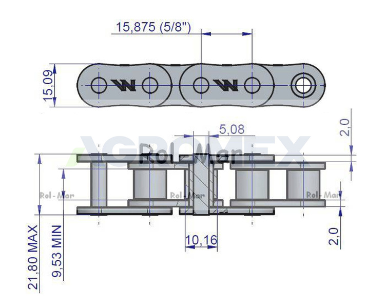 Łańcuch rolkowy wzmocniony 10A-1 ANSI A 50 (R1 5/8) 5m Waryński