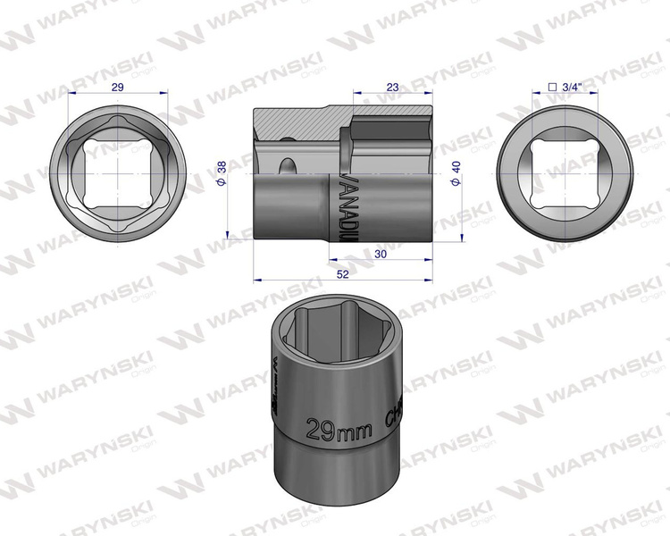 Nasadka sześciokątna 3/4" 29 mm. DIN 3124. Waryński