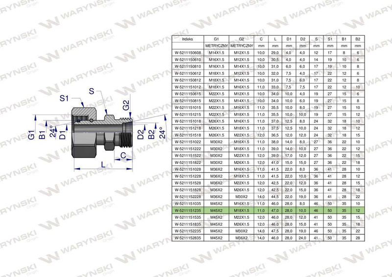 Złączka hydrauliczna metryczna AB (XKOR) A-M45x2 35L / B-M18x1.5 12L Waryński [5211151235]