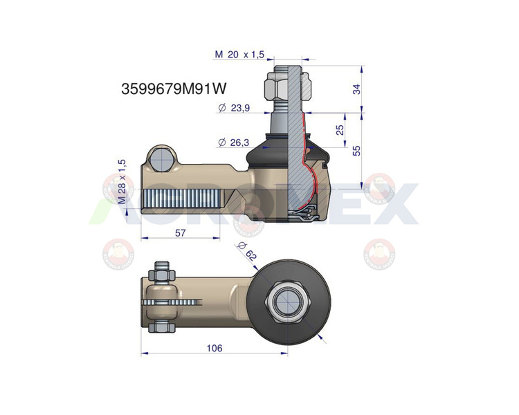 Przegub kierowniczy 105mm - M28x1.5 3599679M91 Massey Ferguson WARYŃSKI