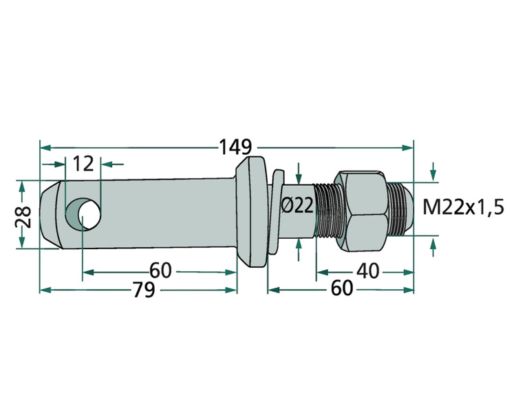 Sworzeń wieszaka łącznika dolnego 149mm M22x1,5