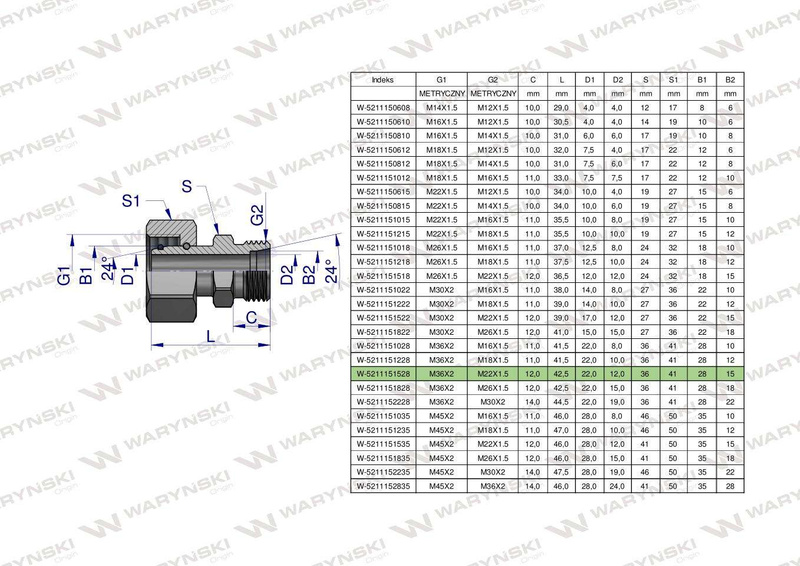 Złączka hydrauliczna metryczna AB (XKOR) A-M36x2 28L / B-M22x1.5 15L Waryński