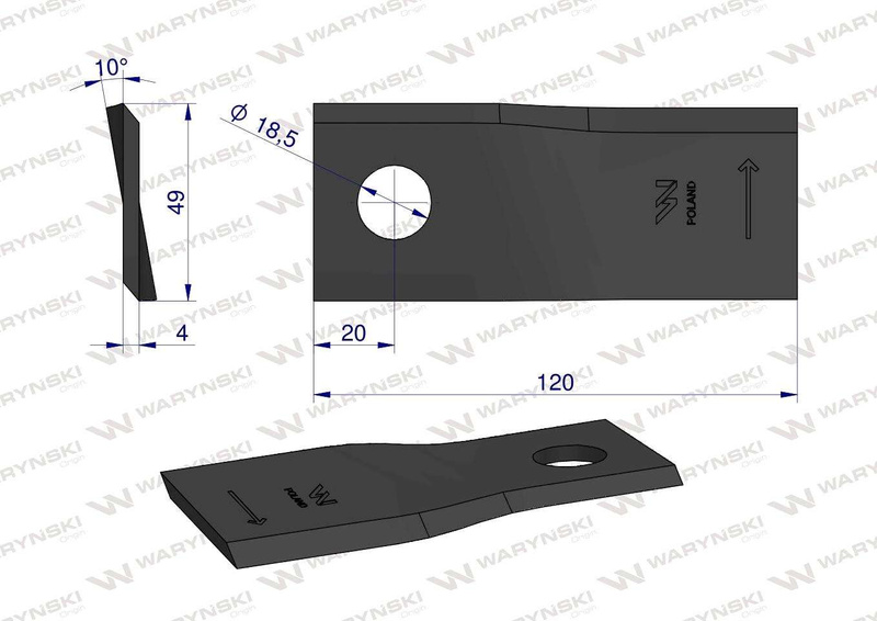 Nóż, nożyk 120x48x4x18,5mm lewy kosiarka Fella 111724 Waryński