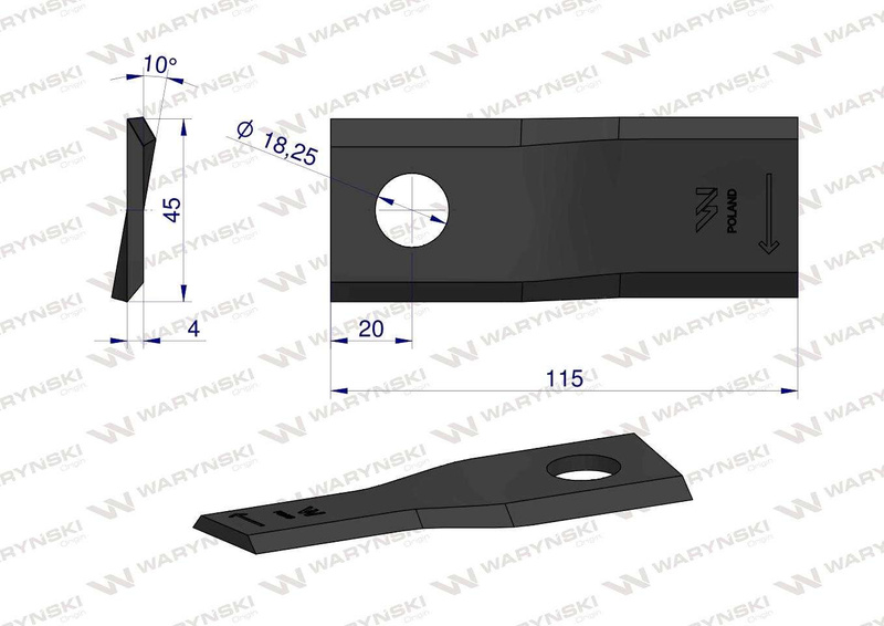 Nóż. nożyk kosiarka prawy 115x45x4mm otwór 18.25 55906100 CC23500 Kuhn WARYŃSKI