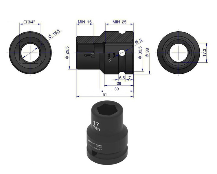 Nasadka udarowa sześciokątna 3/4" 17 mm Waryński