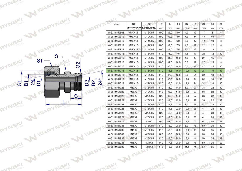 Złączka hydrauliczna metryczna AB (XKOR) A-M22x1.5 15L / B-M18x1.5 12L Waryński