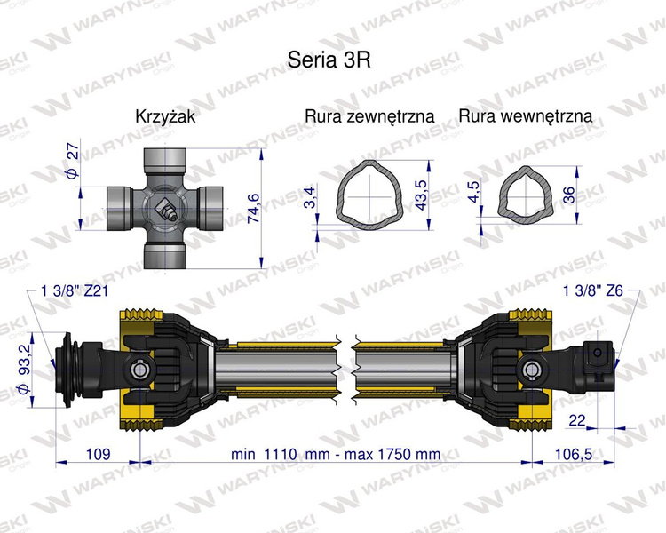 Wał przegubowo-teleskopowy 1110-1750mm 460Nm widłak Z21 od st.ciągnika CE WARYŃSKI