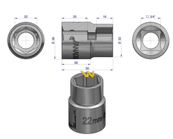 Nasadka sześciokątna 3/4". 22 mm. DIN 3124. Waryński