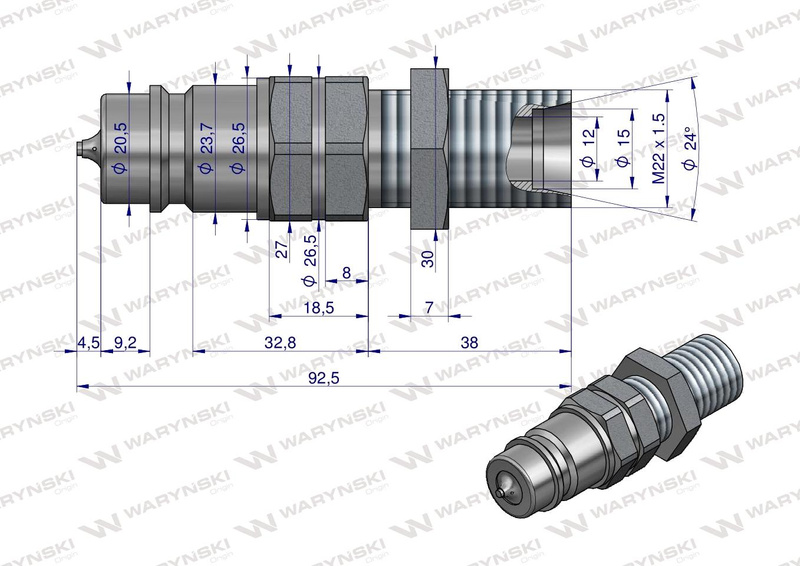 Szybkozłącze hydrauliczne wtyczka long z eliminatorem ciśnienia M22x1.5 gwint zew. EURO (9100822W) (ISO 7241-A) Waryński 