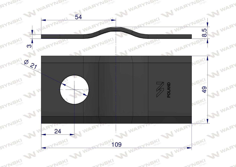 Nóż, nożyk 109x48x3x21mm kosiarka czeska dłuższy Waryński