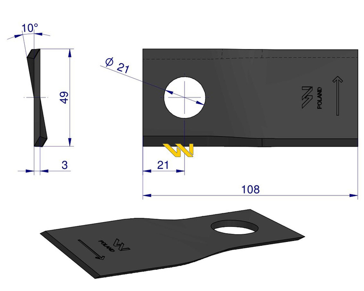 Nóż. nożyk kosiarka lewy 108X50X3mm otwór 21 RF 108/3 Famarol WARYŃSKI