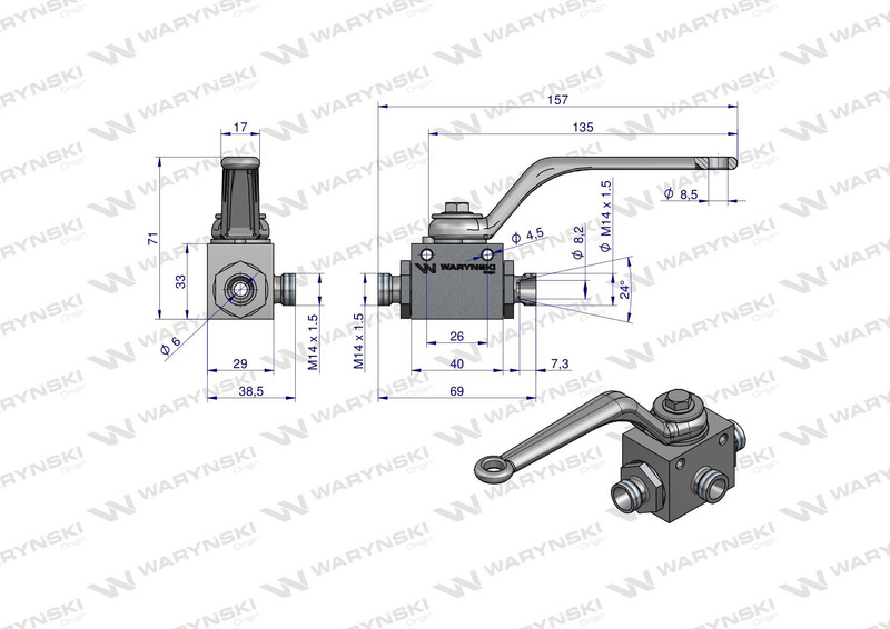 Zawór kulowy hydrauliczny 3-drogowy 3/2 M18x1.5 12L z otworami mocującymi 500 bar Waryński