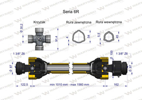 Wał przegubowo-teleskopowy 1010-1560mm 830Nm sprzęgło jednokierunkowe CE 2020 seria 6R WARYŃSKI