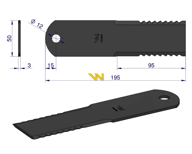 Nóż stały rozdrabniacz słomy sieczkarnia 195x50x3mm 746813 Claas WARYŃSKI