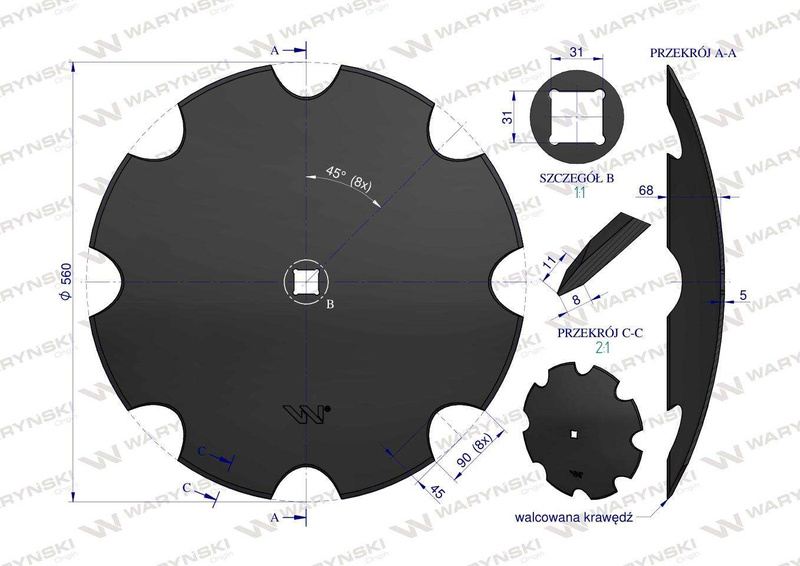 Talerz uzębiony Z-8 fi 560 otwór 30x30 stal borowa 5mm WARYŃSKI MAXX Premium 1279601010 1202030130 W-5197560/30/P [W-7560/30/5]