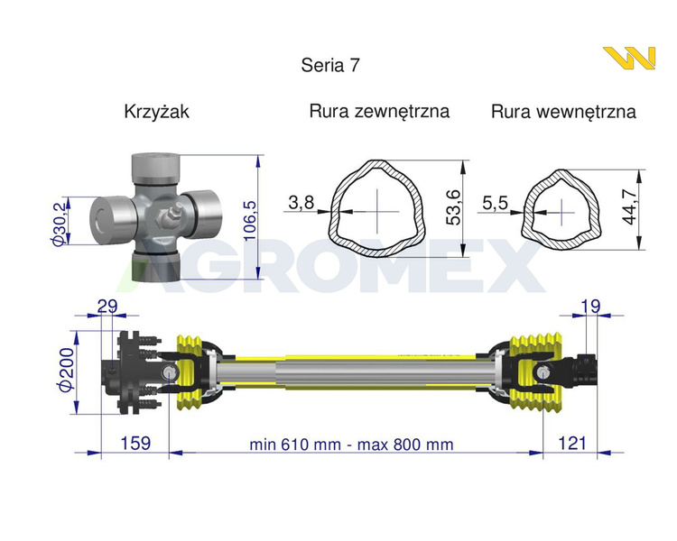 Wał przegubowo-teleskopowy 610-800mm 970Nm 80430 CE seria 7 ze sprzęgłem ciernym WARYŃSKI