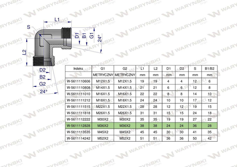 Kolanko hydrauliczne metryczne BB M36x2 28L (XW) Waryński