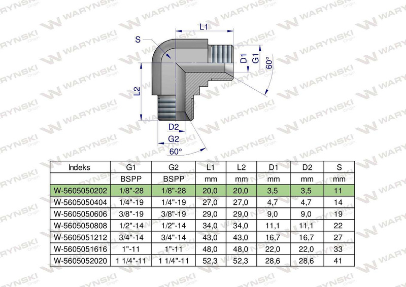 Kolanko hydrauliczne calowe BB 1/8" BSP (XW) Waryński