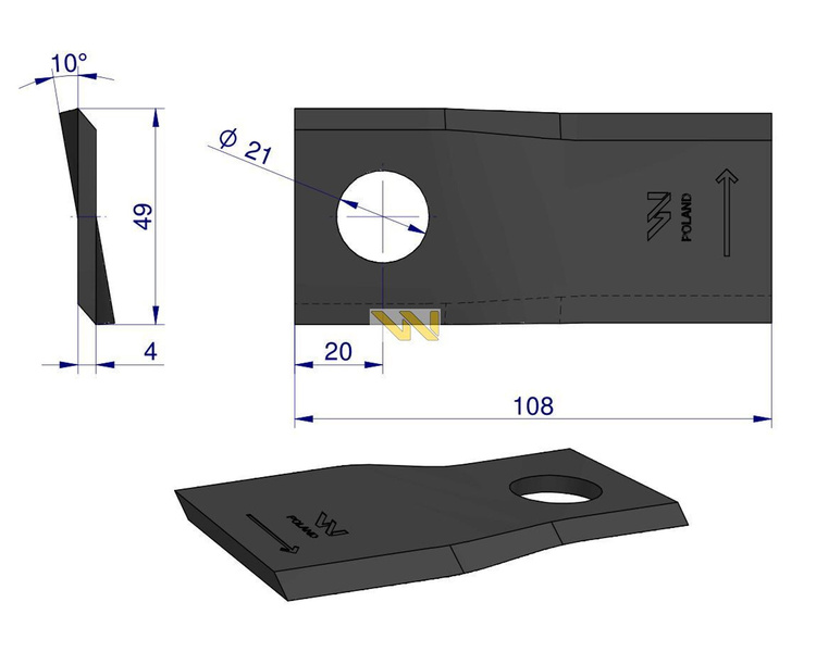 Nóż. nożyk kosiarka lewy 108x48x4mm otwór 21 434971 Pottinger WARYŃSKI