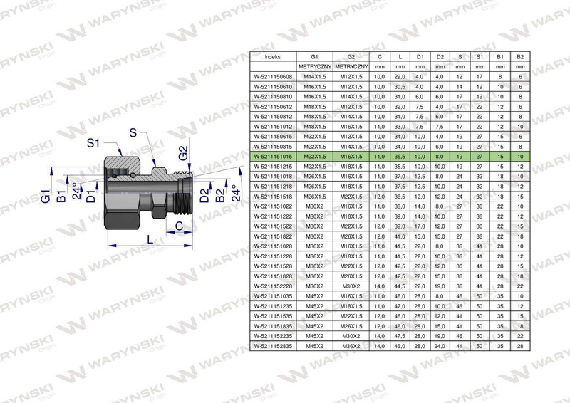 Złączka hydrauliczna metryczna AB (XKOR) A-M22x1.5 15L / B-M16x1.5 10L Waryński [5211151015]