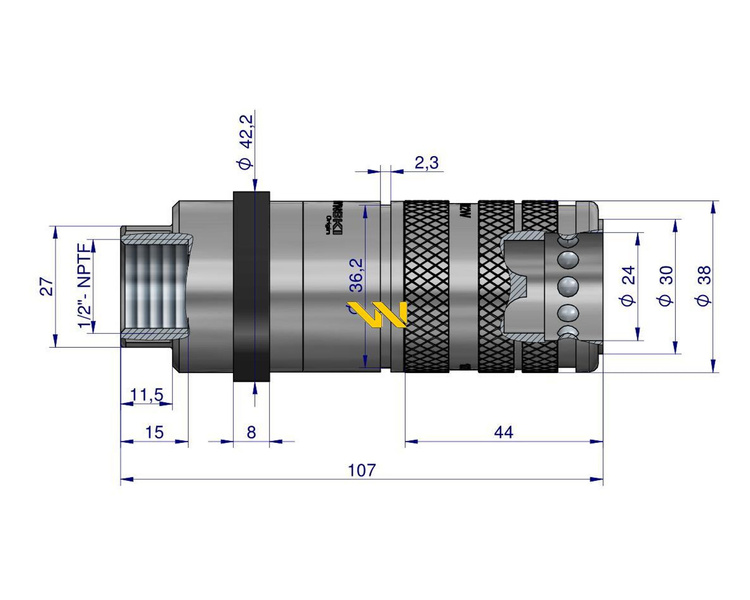 Szybkozłącze hydrauliczne zrywalne seria WIA3CV (3CFPV) gniazdo 1/2" NPTF gwint wewnętrzny EURO PUSH-PULL (ISO 7241-A) Waryński