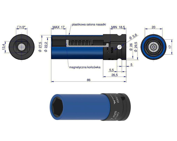 Nasadka udarowa 1/2 z magnesem do felg aluminiowych 17mm Waryński