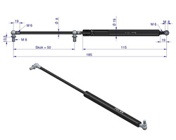 siłownik amortyzator gazowy A=185 B=95 F=150N skok 50, POLMO 3 LATA GWARANCJI