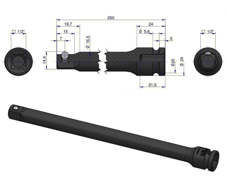 Przedłużka do nasadek udarowych 1/2" 250mm Waryński