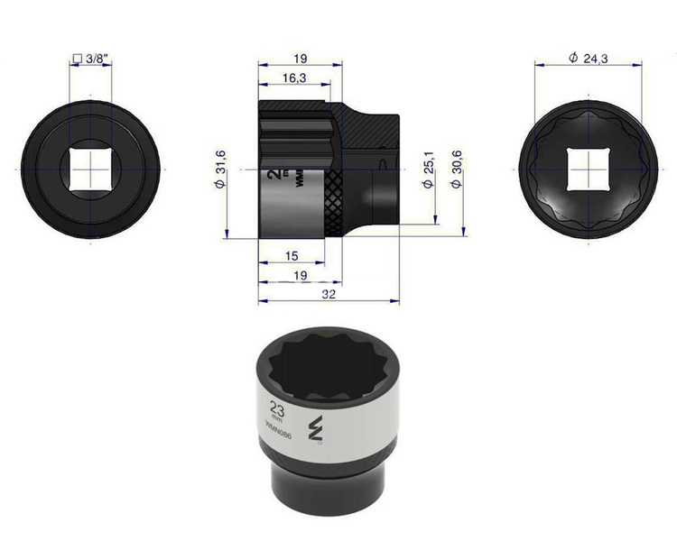 Nasadka dwunastokątna 3/8" 23 mm Waryński