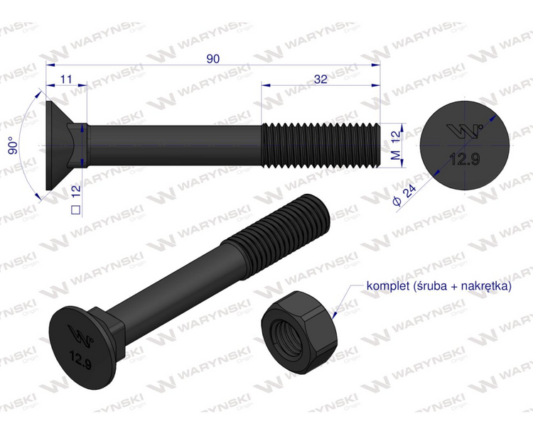 Śruba kpl. płużna podsadzana D 608 M12x90 mm kl.12.9 Gruber Waryński