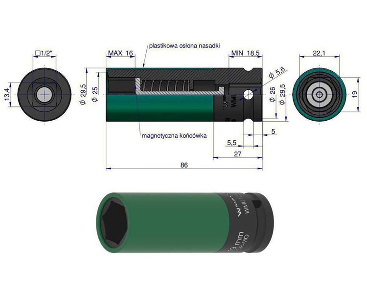 Nasadka udarowa 1/2 z magnesem do felg aluminiowych 19mm Waryński