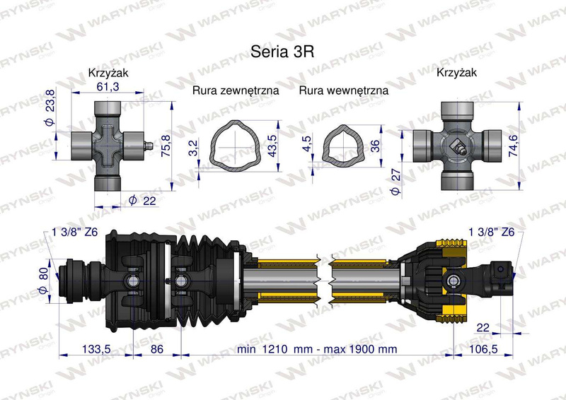 Wał przegubowo-teleskopowy 1210-1900mm 460Nm szerokokątny od st.ciągnika CE seria 3R WARYŃSKI [W390B11210]