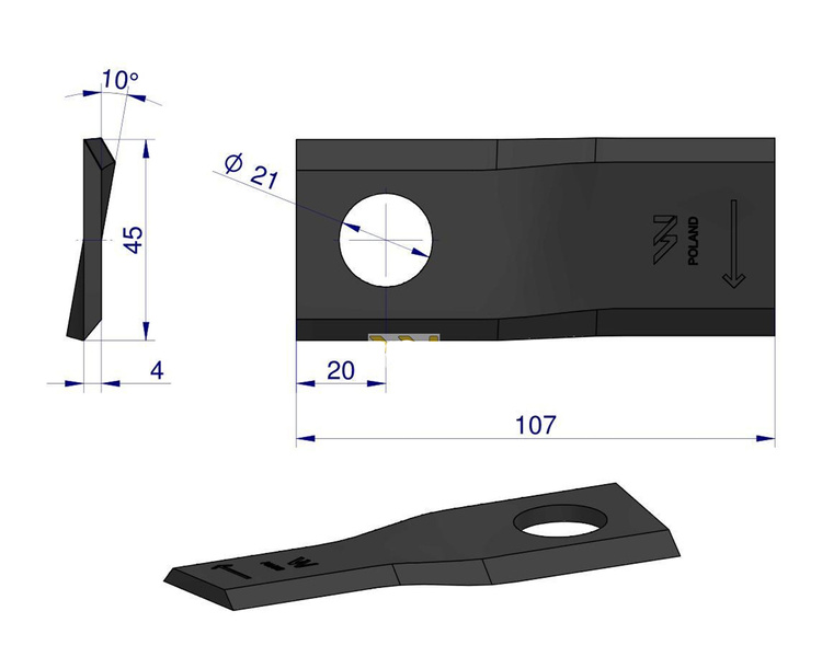 Nóż. nożyk kosiarka prawy 107x46x4mm otwór 21 55903310 Kuhn WARYŃSKI