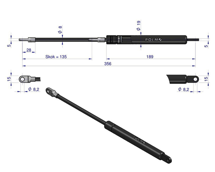 siłownik amortyzator gazowy A=356 B=175 F=250N skok 135, POLMO 3 LATA GWARANCJI