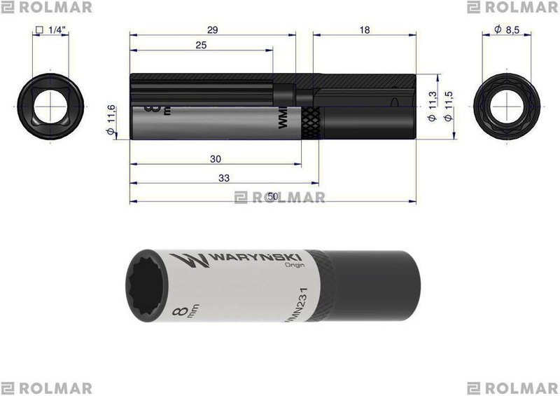 Nasadka dwunastokątna 1/4" 8 mm długa Waryński